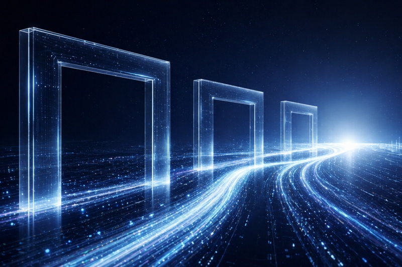 Abstract enterprise governance architecture showing connected digital systems, oversight layers, and intelligent transformation pathways for SentinelX Digital.