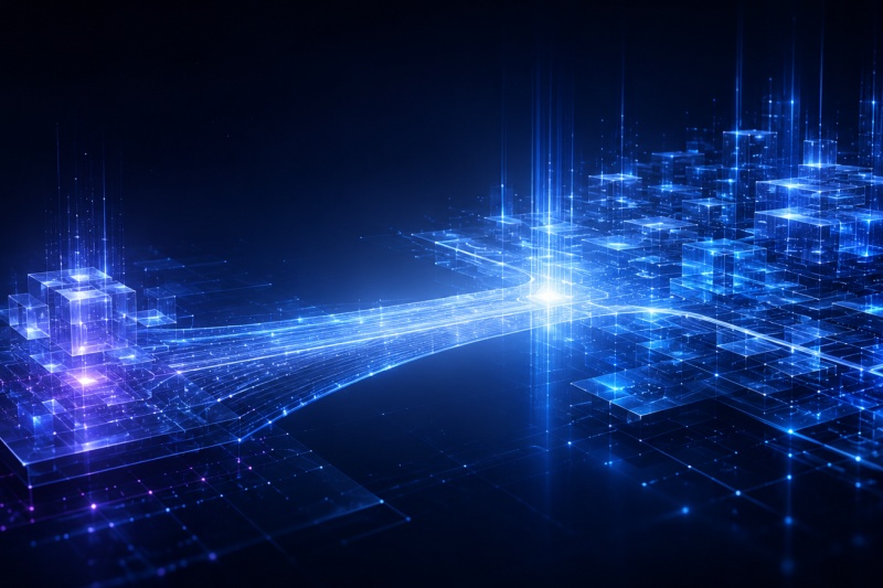 Abstract enterprise transformation architecture illustrating the transition from proof-of-concept innovation to scalable governance-led enterprise delivery.